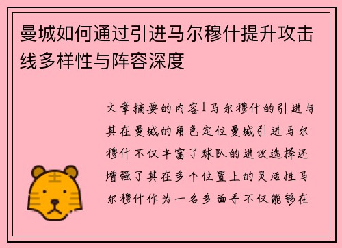 曼城如何通过引进马尔穆什提升攻击线多样性与阵容深度