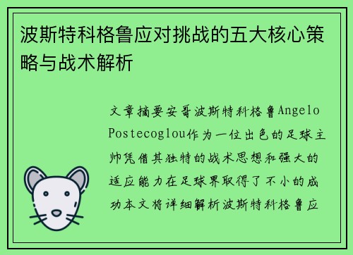 波斯特科格鲁应对挑战的五大核心策略与战术解析